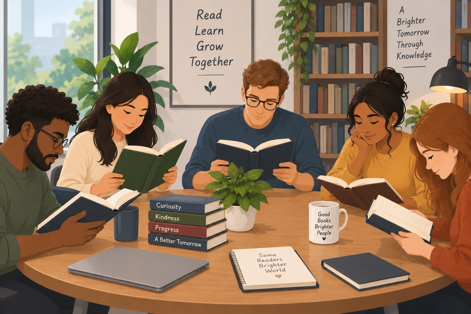 People sitting around a table reading books together. AI-generated illustration.