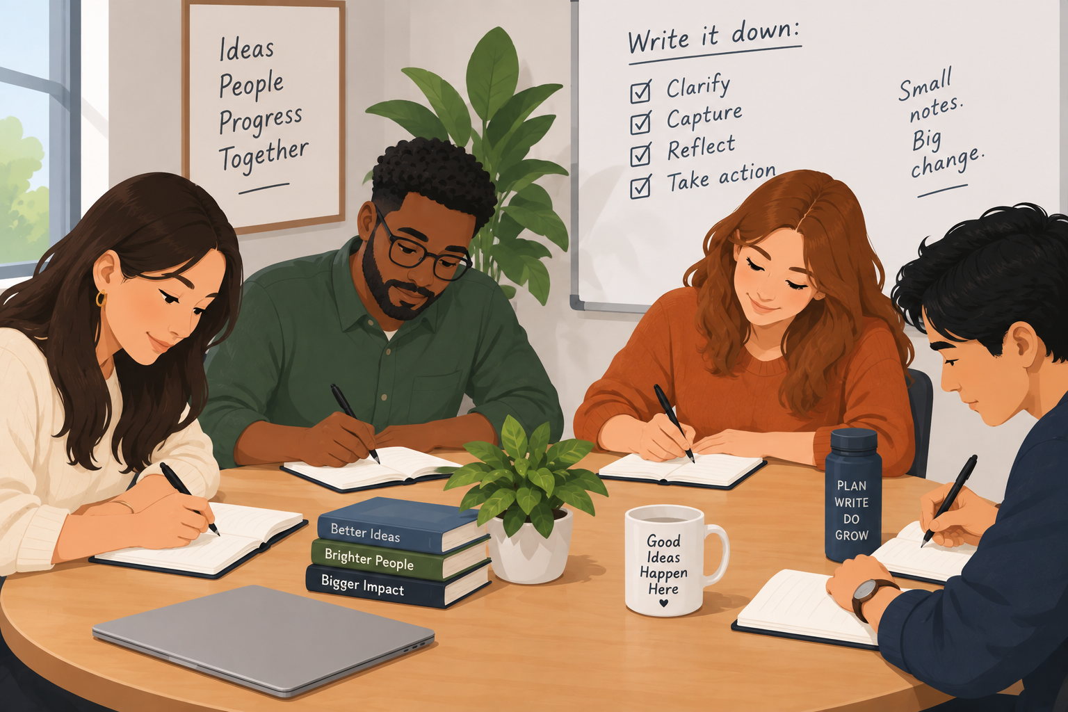 People sitting around a table writing in notebooks. AI-generated illustration.
