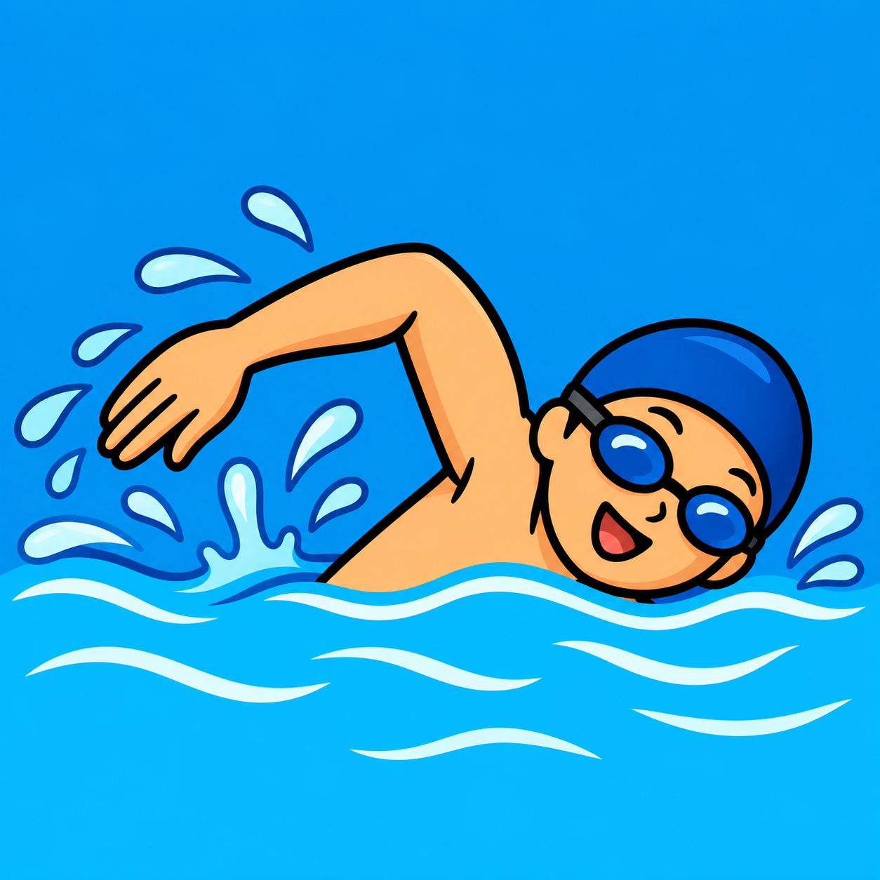 AI-generated cartoon illustration of a smiling swimmer doing freestyle in bright blue water. The swimmer wears a blue swimming cap and goggles, with splashes and waves surrounding them.