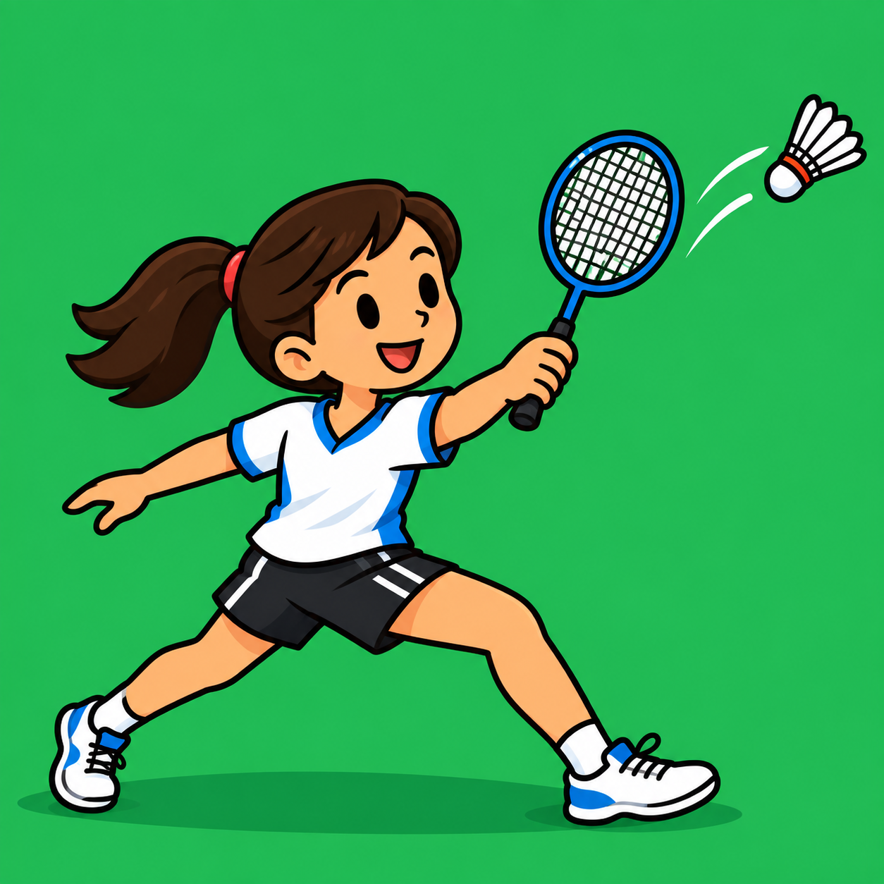 AI-generated cartoon illustration of a smiling young badminton player lunging forward to hit a shuttlecock with a racket, set against a bright green background.