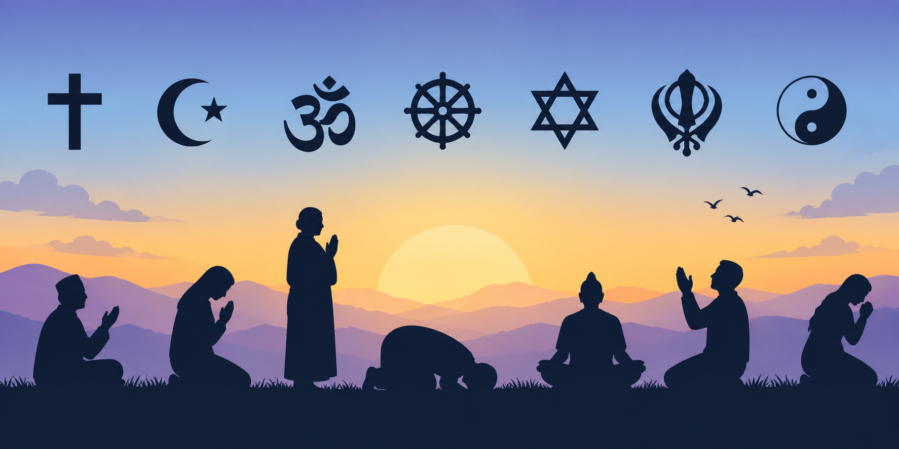 Silhouettes of people in various prayer and worship poses beneath symbols representing different world religions, set against a soft orange-and-blue gradient background.