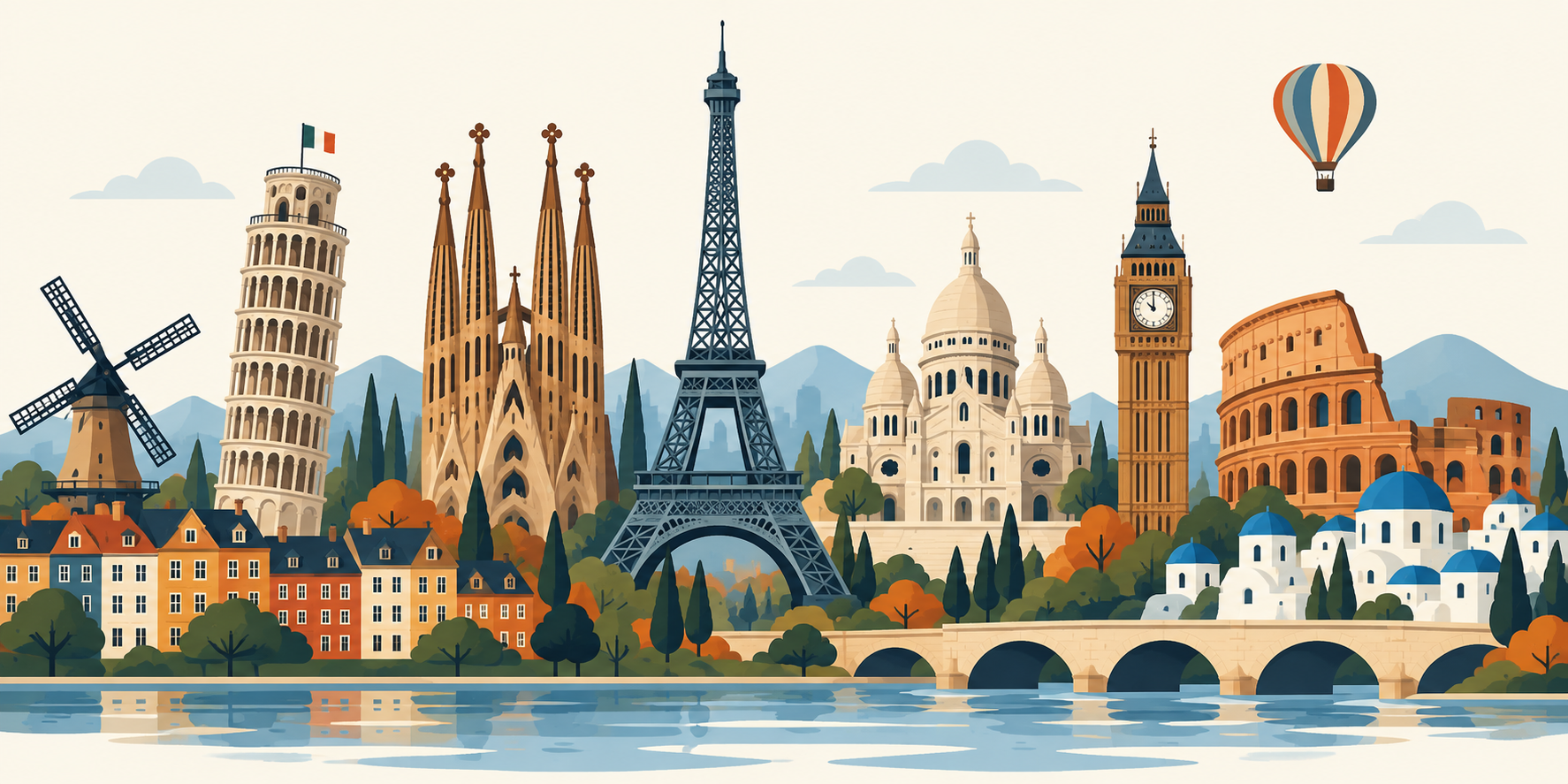 Colourful illustrated European skyline featuring the Eiffel Tower, Leaning Tower of Pisa, Sagrada Família, Big Ben, Colosseum, a windmill, domed buildings, a stone bridge, river and hot-air balloon. AI Generated image.